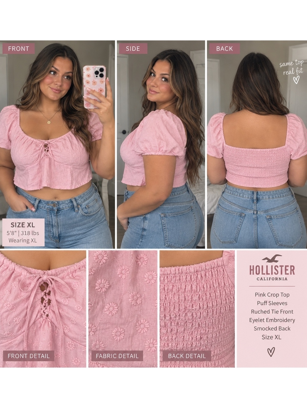 Hollister Pink Crop Top Women’s XL Puff Sleeve Ruched Tie Front Eyelet